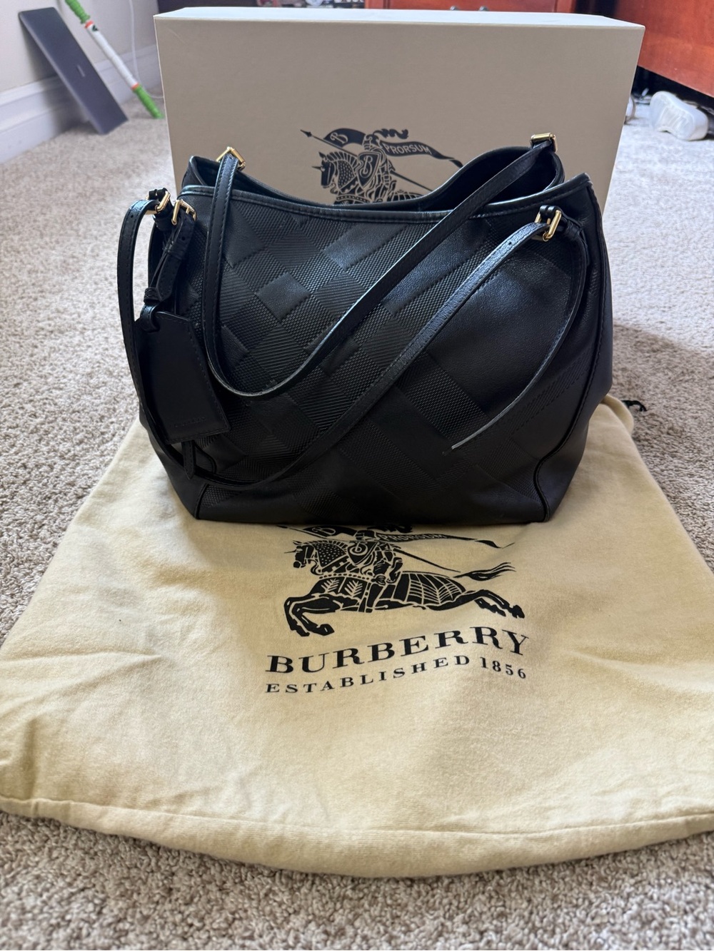 Burberry Black Embossed Check Large Hobo Shoulder Tote with Dust Bag and Box